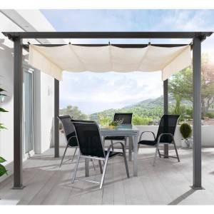 Gartenpavillon metall Terrassen Pavillon Pergola Aluminiumgestell Polyester-Dach stufenlos raffbar 290 x 290 x 220 cm dunkelgrau beige